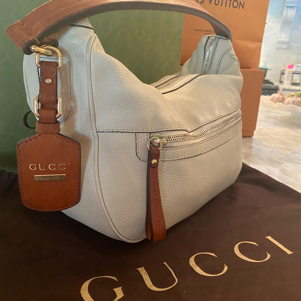 Authentic Gucci Madison Hobo w/ Crocodile Web Cream Leather Brown Top Handles